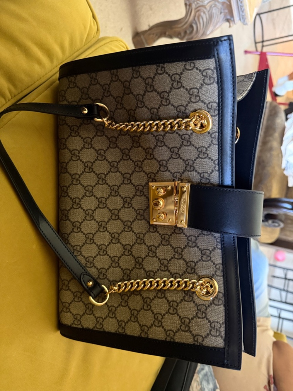 Gucci Beige GG Supreme Shoulder Bag with Black Trim and Gold Hardware